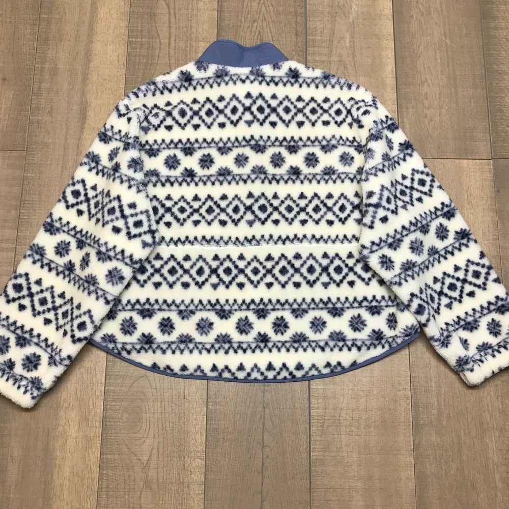 VS PINK Jacket Womens Size‎ XL Blue Sherpa Fair Isle Plush Teddy Snap Pullover